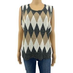 Cable & Gauge XL Women's Black Cream Metallic Argyle Knit Sweater Vest Top